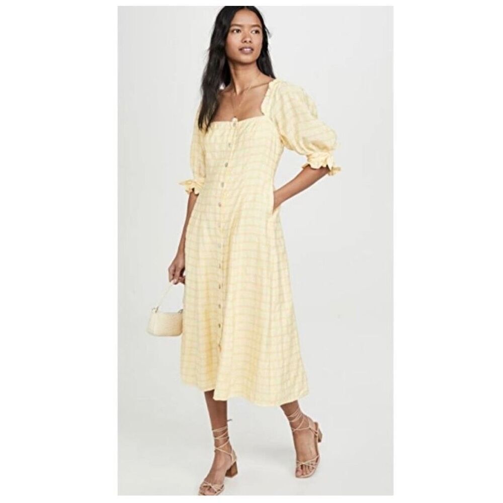 Cottagecore Coquette Midi Dress Puff Sleeve Butter Yellow Plaid Size XS